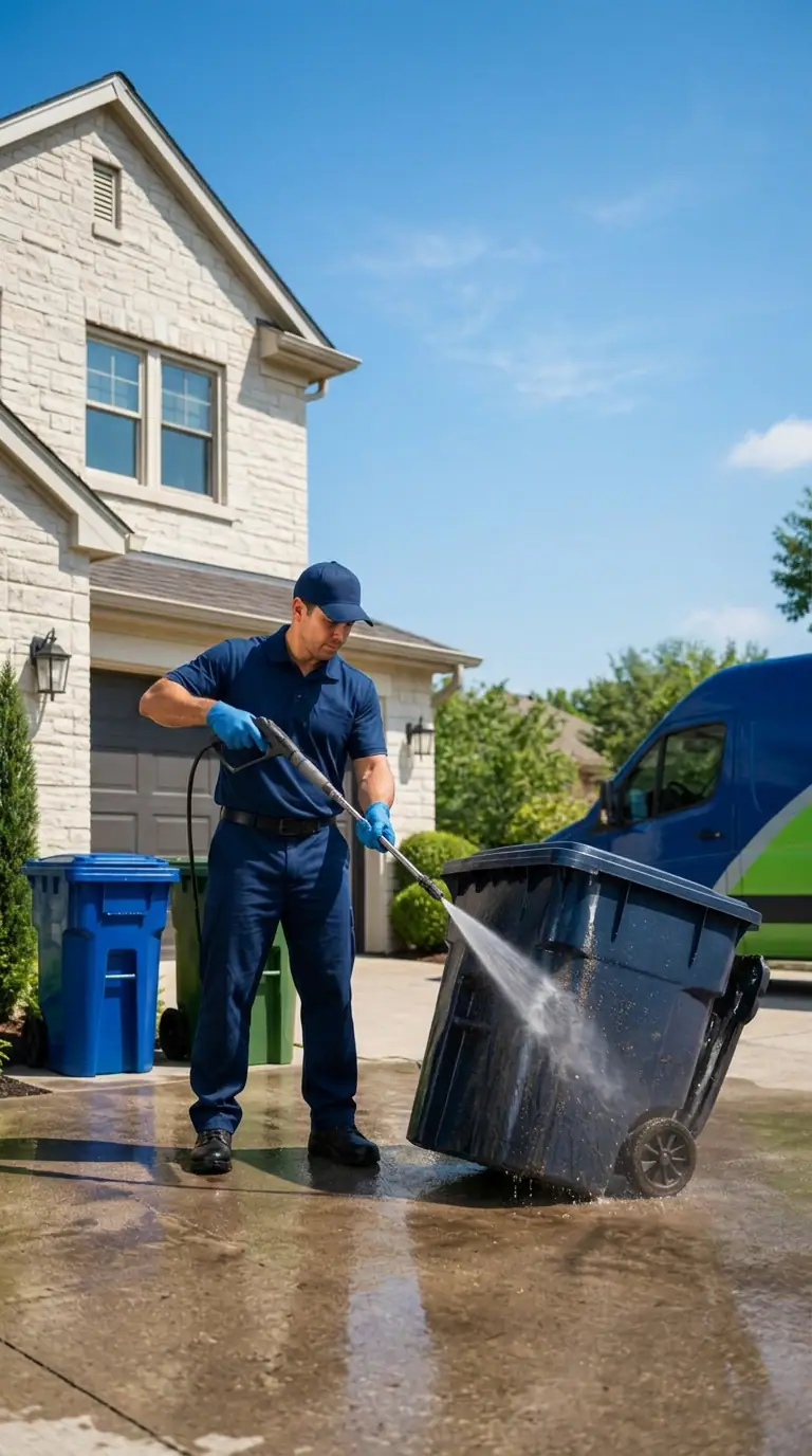 Mr. Softwash technician pressure washing a residential trash can on a driveway in Bluffton, SC